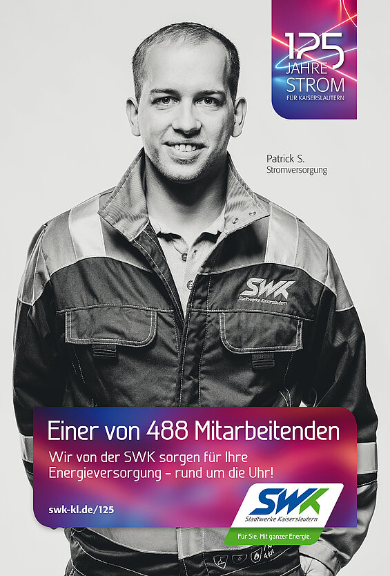 SWK-Werbung 125 Jahre Strom, Mitarbeiter Patrick S. Stromversorgung